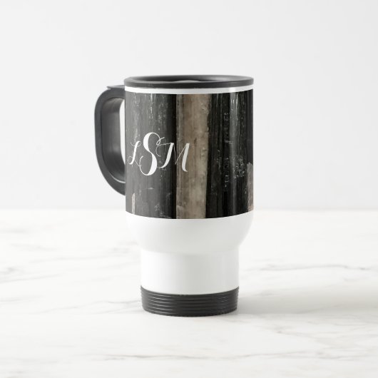 Schwarz-weißes halbgestreiftes Monogramm Reisebecher (Vorderseite Links)