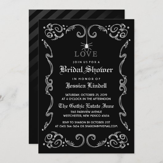 Schwarz-weißes Halloween Gothic-Brautparty Einladung (Vorne/Hinten)