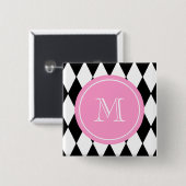 Schwarz-weißes Harlekin-Muster, rosa Monogramm Button (Vorne & Hinten)