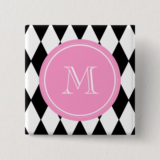 Schwarz-weißes Harlekin-Muster, rosa Monogramm Button (Vorderseite)
