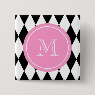 Schwarz-weißes Harlekin-Muster, rosa Monogramm Button