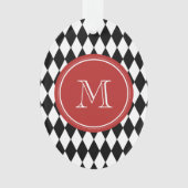Schwarz-weißes Harlekin-Muster, rotes Monogramm Ornament (Vorderseite)