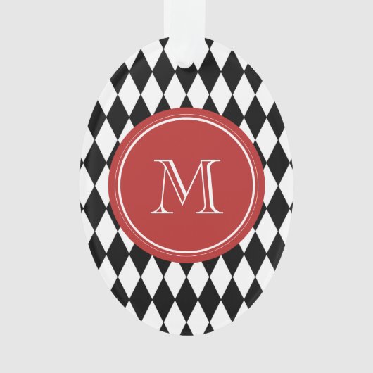 Schwarz-weißes Harlekin-Muster, rotes Monogramm Ornament (Vorderseite)