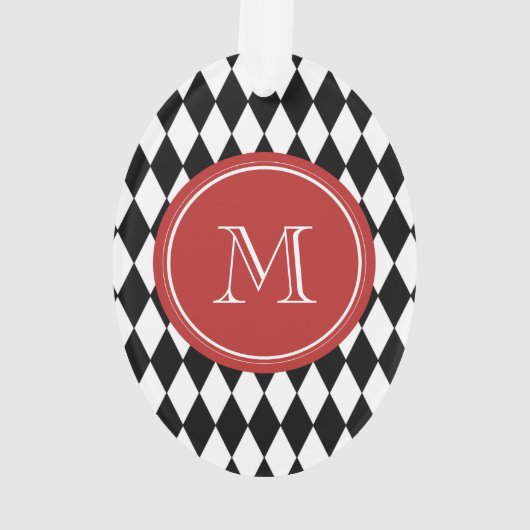 Schwarz-weißes Harlekin-Muster, rotes Monogramm Ornament (Rückseite)