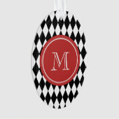 Schwarz-weißes Harlekin-Muster, rotes Monogramm Ornament (Vorderseite)