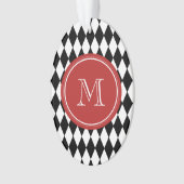 Schwarz-weißes Harlekin-Muster, rotes Monogramm Ornament (Vorderseite)