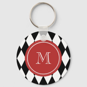 Schwarz-weißes Harlekin-Muster, rotes Monogramm Schlüsselanhänger