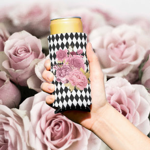 Schwarz-weißes Harlequin mit rosa Blume Dosenkühler