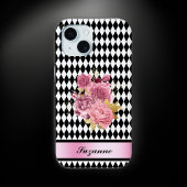 Schwarz-weißes Harlequin mit rosa Blume und Name Case-Mate iPhone Hülle