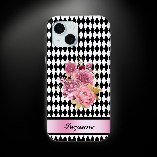 Schwarz-weißes Harlequin mit rosa Blume und Name Case-Mate iPhone Hülle