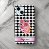 Schwarz-weißes Harlequin mit rosa Blume und Name Case-Mate iPhone Hülle