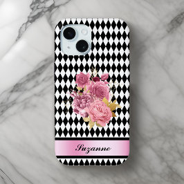 Schwarz-weißes Harlequin mit rosa Blume und Name Case-Mate iPhone Hülle