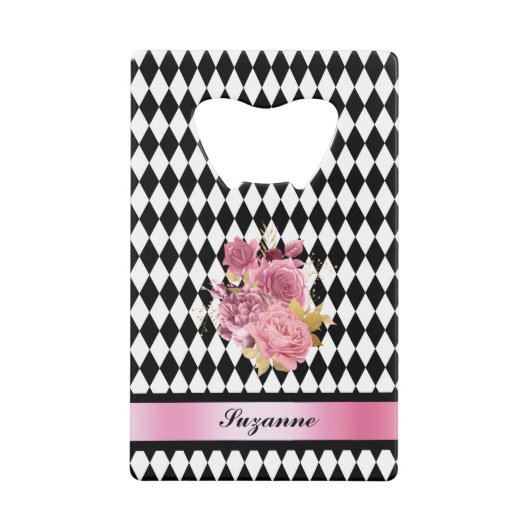 Schwarz-weißes Harlequin mit rosa Blume und Name Geldbeutel Flaschenöffner (Vorderseite)