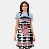Schwarz-weißes Harlequin mit rosa Blume und Name Schürze (Getragen)