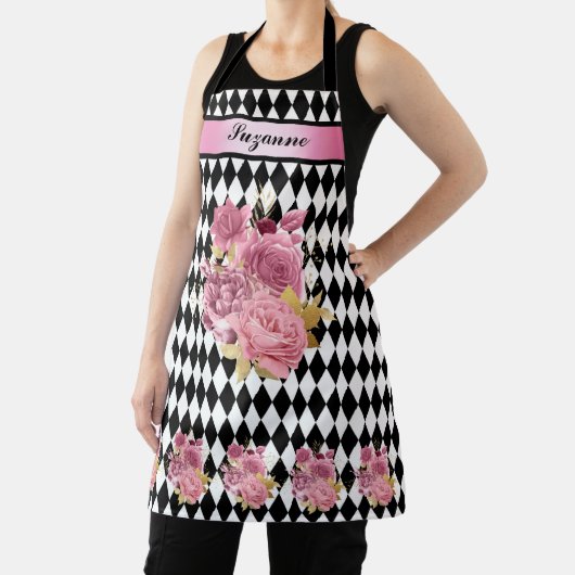 Schwarz-weißes Harlequin mit rosa Blume und Name Schürze (InSitu)