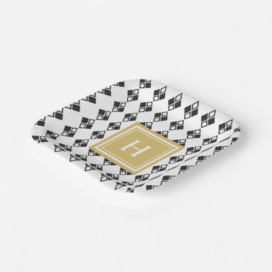 Schwarz-weißes Harlequin-Muster für Monogramm Pappteller (Gewinkelt)