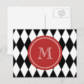 Schwarz-weißes Harlequin-Muster, rotes Monogramm Postkarte (Vorne/Hinten)