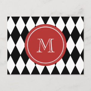 Schwarz-weißes Harlequin-Muster, rotes Monogramm Postkarte