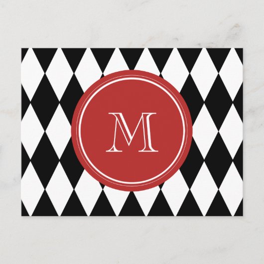 Schwarz-weißes Harlequin-Muster, rotes Monogramm Postkarte (Vorderseite)