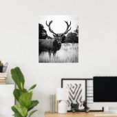 Schwarz-weißes Hirschhaus Dekorwald Poster (Heimbüro)