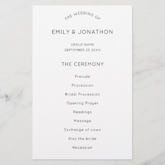 Schwarz-weißes Hochzeitsprogramm mit einfachem Tex (Vorderseite)