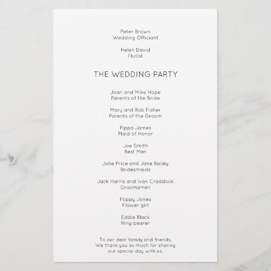 Schwarz-weißes Hochzeitsprogramm mit einfachem Tex (Rückseite)