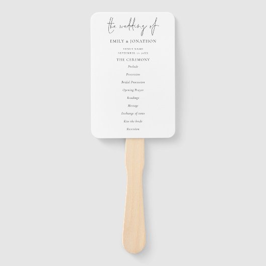 Schwarz-weißes Hochzeitsprogramm mit einfachem Tex Fächer (Vorderseite)