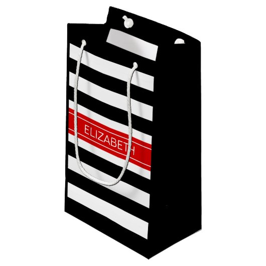 Schwarz-weißes Horz Preppy Strip Red Name Monogram Kleine Geschenktüte (Vorderseite Schrägansicht)