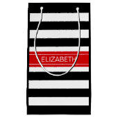 Schwarz-weißes Horz Preppy Strip Red Name Monogram Kleine Geschenktüte (Vorderseite)