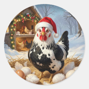 Schwarz-weißes Huhn mit Weihnachtsmannmütze Weihna Runder Aufkleber