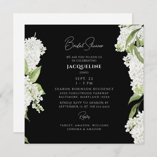 Schwarz-weißes Hydrangea Square Brautparty Einladung (Vorne/Hinten)
