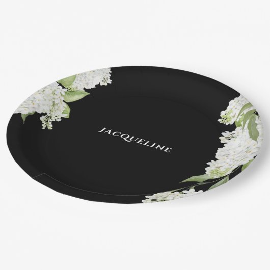 Schwarz-weißes Hydrangeas-Brautparty Pappteller (Schrägansicht)