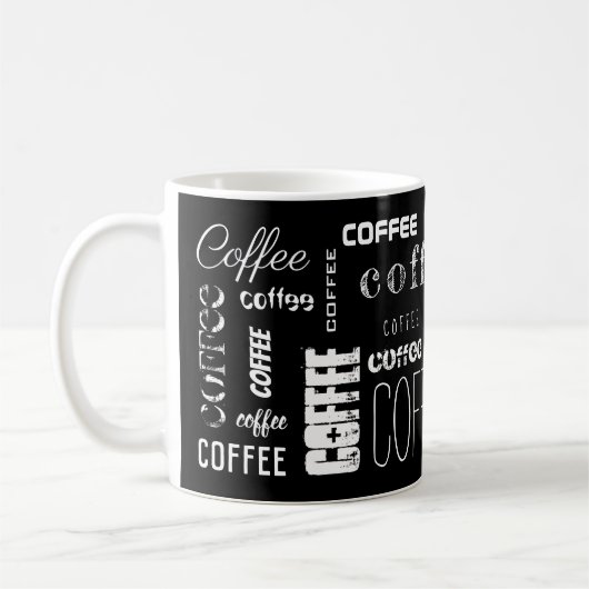 Schwarz-weißes KAFFEE! Bezeichnung des Typografie Kaffeetasse (Links)