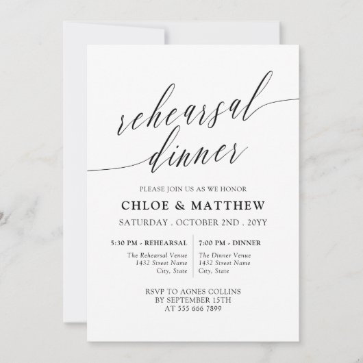 Schwarz-weißes Kalligraphie-Probe-Abendessen Einladung (Vorderseite)