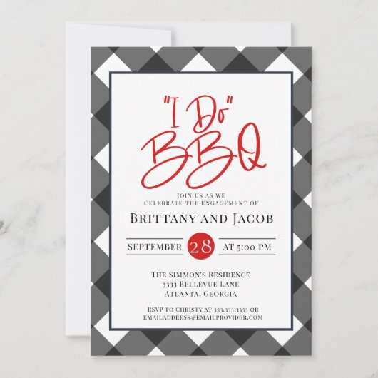 Schwarz-weißes Kariert I Do GRILLEN Verlobung Einl Einladung (Vorderseite)
