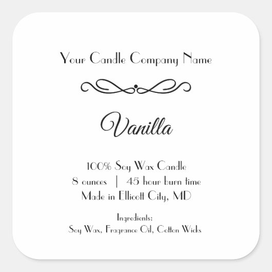Schwarz-weißes Kerzenetikett Geblüht Minimalistisc Quadratischer Aufkleber (Vorderseite)