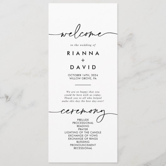 Schwarz-weißes klassisches Hochzeitsprogramm Programm (Vorderseite)