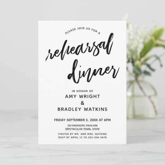 Schwarz-weißes Lässiges Handwriting Probe Dinner Einladung (Stehend Vorderseite)