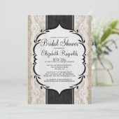 Schwarz-weißes Leinenleinwand-Spitze-Brautparty Einladung (Stehend Vorderseite)