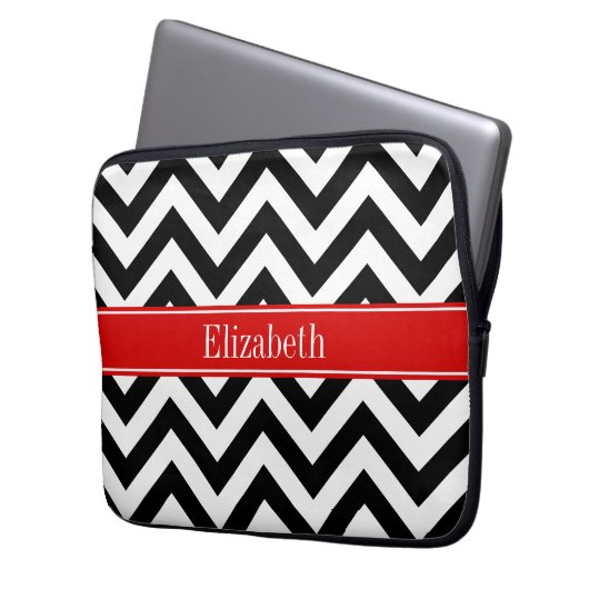 Schwarz-weißes LG Zickzack roter Name Monogramm Laptopschutzhülle (Vorderseite Links)