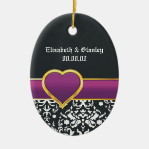 Schwarz-weißes lila Herz Save the Date Keramik Ornament