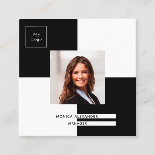 Schwarz-weißes Logo Foto QR-Code Quadratische Visitenkarte (Vorderseite)