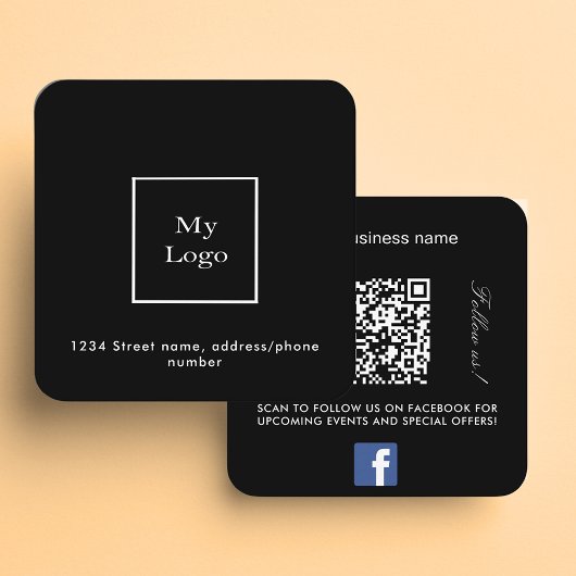 Schwarz-weißes Logo QR Code Facebook folgen uns Quadratische Visitenkarte