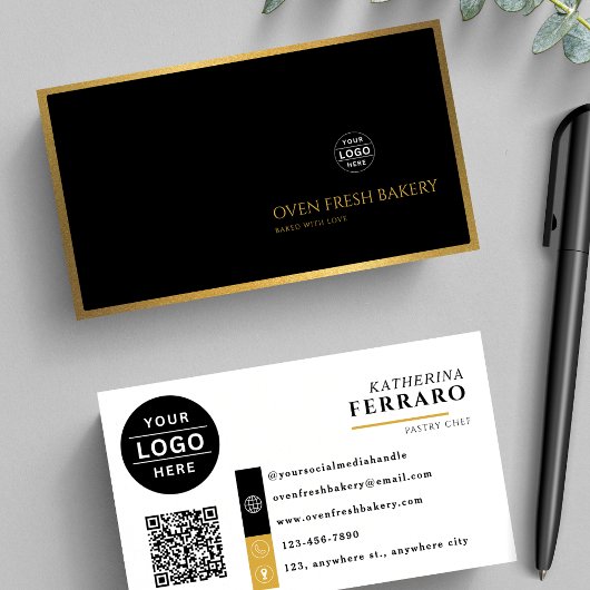 Schwarz-weißes Logo QR Code Gold Border Baker Visitenkarte