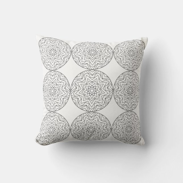 Schwarz-weißes Mandala Stars Pattern Pillow Kissen (Vorderseite)