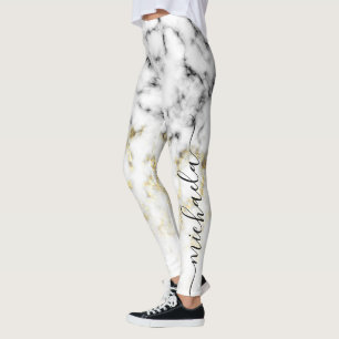 Schwarz-weißes Marmorgold funkeln Glitzer Ihr Name Leggings