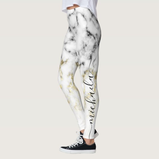 Schwarz-weißes Marmorgold funkeln Glitzer Ihr Name Leggings (Links)