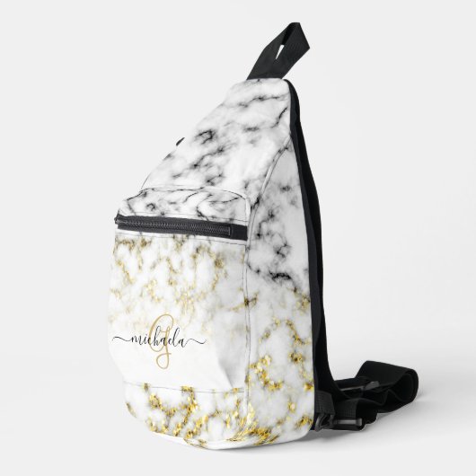 Schwarz-weißes Marmorgold glänzend Monogramm Crossbody Bag (Rechte Ecke)