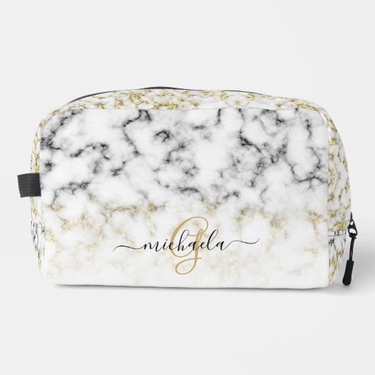Schwarz-weißes Marmorgold glänzend Monogramm Waschbeutel (Vorderseite)