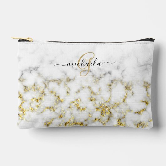 Schwarz-weißes Marmorgold glänzend Monogramm Zubehörtasche (Vorderseite)